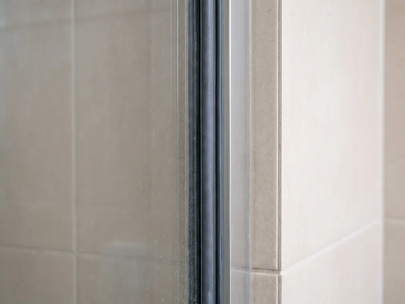 Close detail of a steam shower's continuous full-height rubber door gasket seal against the tiled enclosure wall
