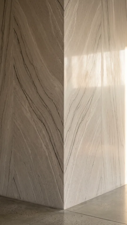 Close-up of book-matched natural stone meeting at a precise mitred corner, veining continuing unbroken across the joint