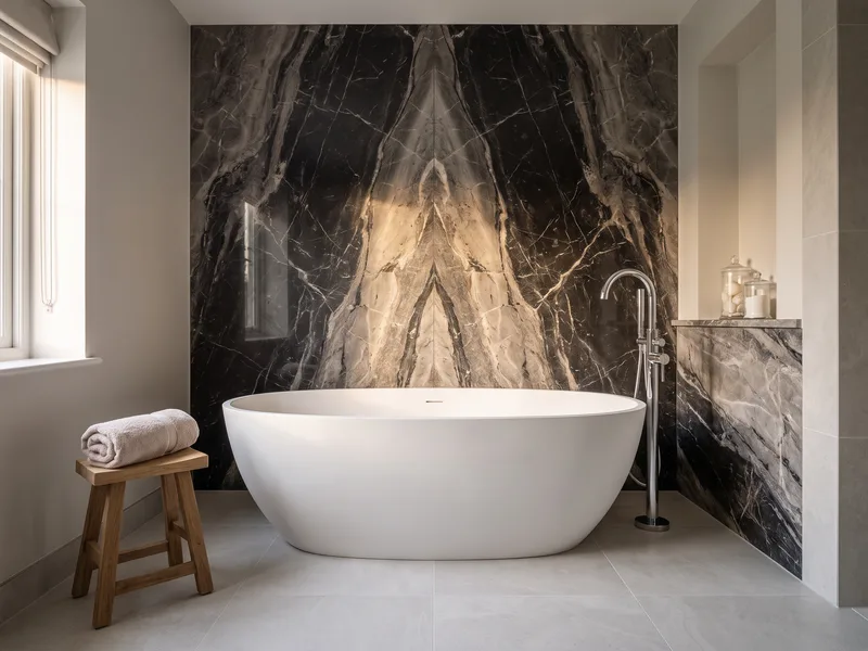 Finished en-suite bathroom with a freestanding bath against a book-matched natural stone feature wall in a Stoke Poges rebuild