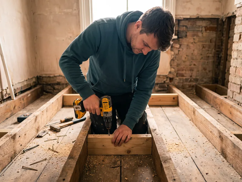 Installer fixing a timber noggin to reinforce a suspended floor before tanking a wet room in an older Sunninghill property
