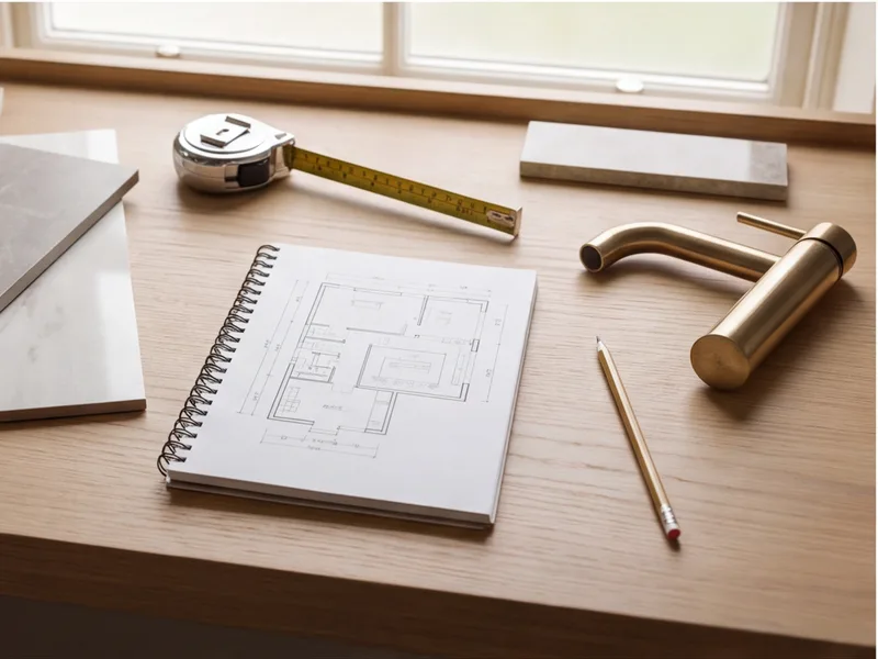 Consultation flatlay with tile samples, tape measure and a floor plan sketch