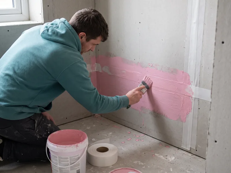 Installer brushing a liquid waterproofing coating over reinforcing fabric tape bedded into an internal corner, on bare backer board before tiling