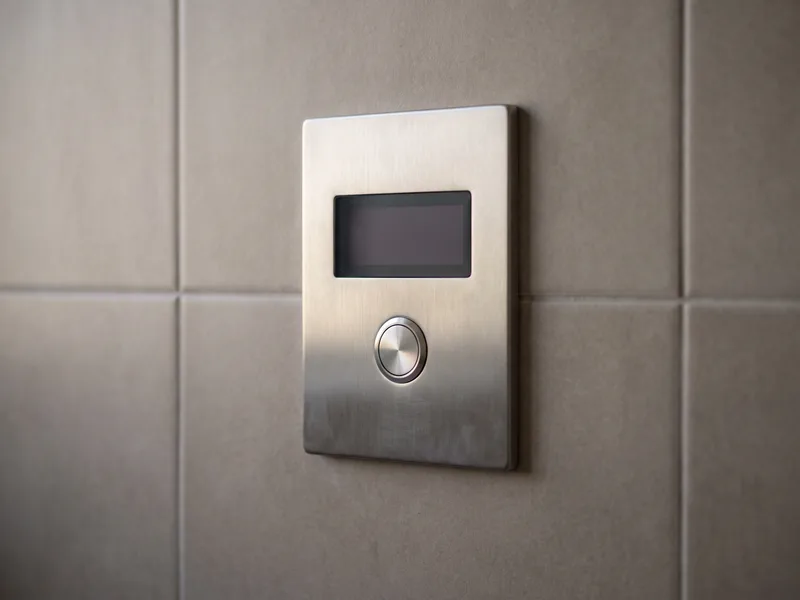 Close-up of a rectangular wall-mounted digital shower control panel set into tiling