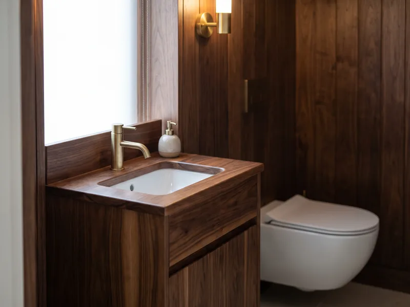 Finished compact vanity basin in a walnut timber-topped unit with a wall-hung WC visible alongside
