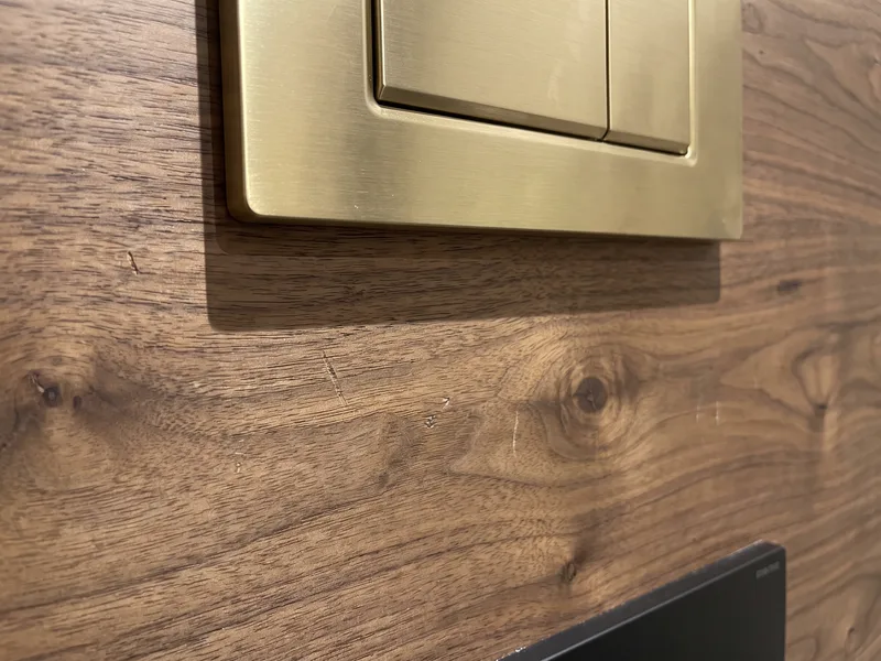 Close detail of a brushed brass dual-flush plate set into a walnut timber-panelled wall above a wall-hung WC
