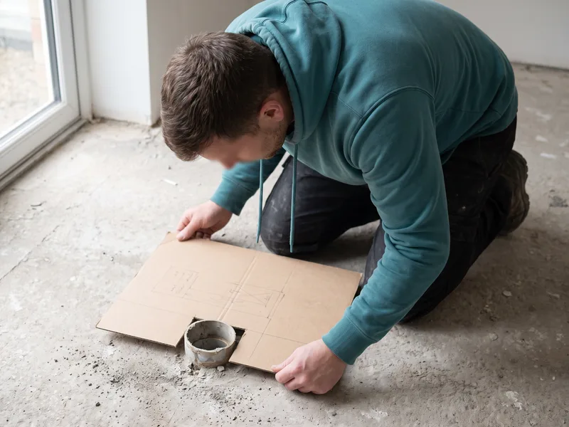 Installer checking a floor waste outlet position against a manufacturer template before the floor finish is laid