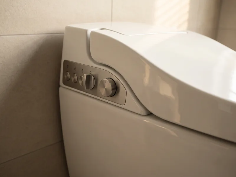 Side control panel and seamless ceramic body of an integrated one-piece shower toilet