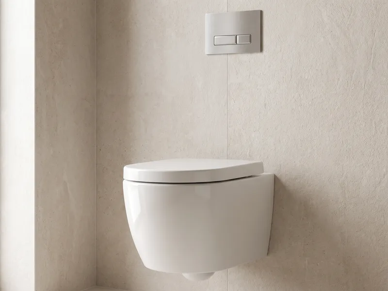 Wall-hung shower toilet pan fixed beneath a dual-flush plate on a concealed cistern frame