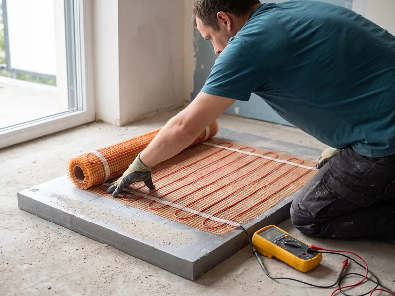 Installer laying an electric underfloor heating mat before tiling