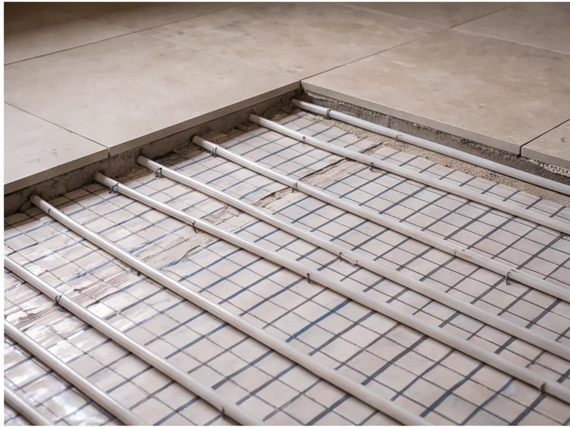 Underfloor heating pipes laid in a screed bed before stone tiling