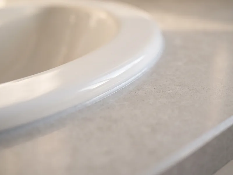 Close-up of an inset basin seated into a stone worktop with a slim, consistent silicone seam at the junction