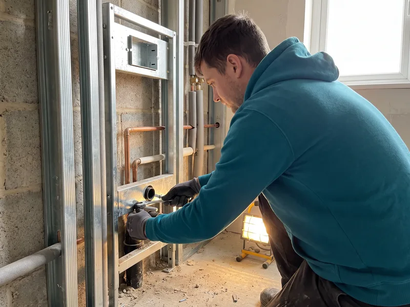 Installer fixing a concealed cistern carrier frame to a structural wall before boarding