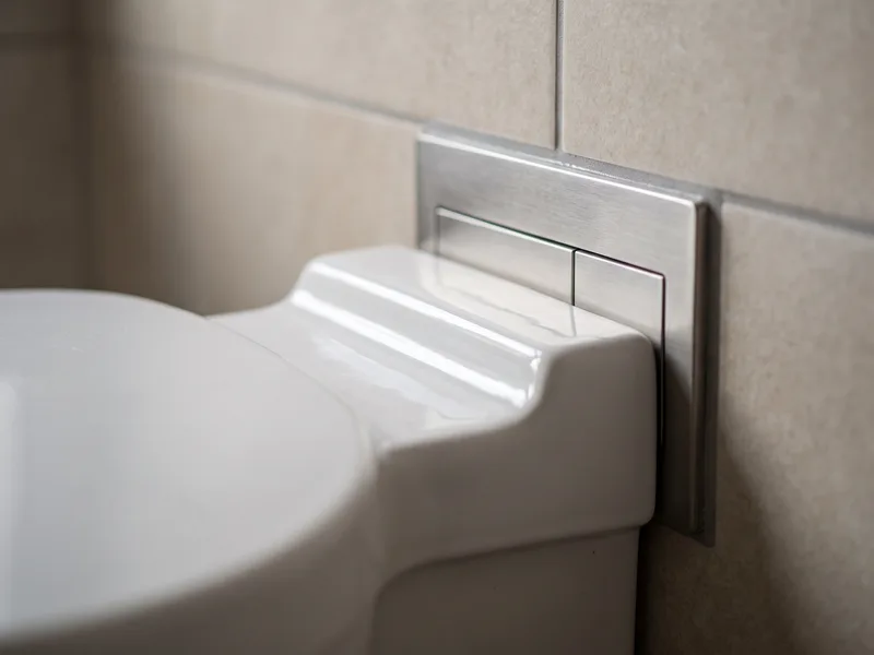 Close-up detail of a glossy ceramic wall-hung WC pan meeting a slim dual-flush plate