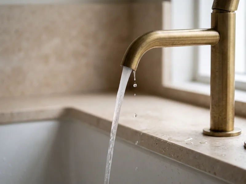 Close-up of a brushed brass freestanding bath filler with water flowing over a honed stone bath edge
