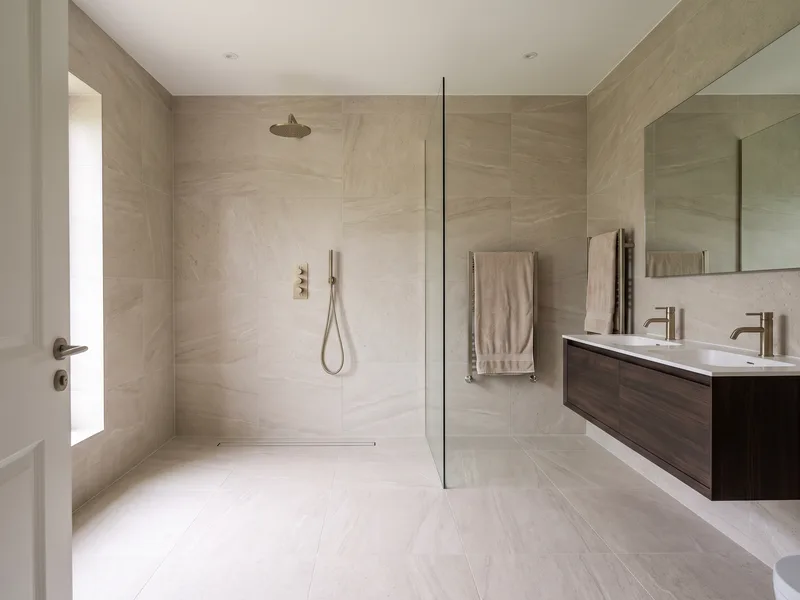 Finished luxury wet room with a frameless glass partition and twin vanity unit in a Virginia Water executive home