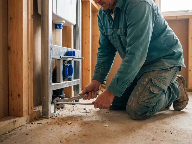 Installer bolting a steel carrier frame to the floor and wall studs before the duct is boarded and tiled