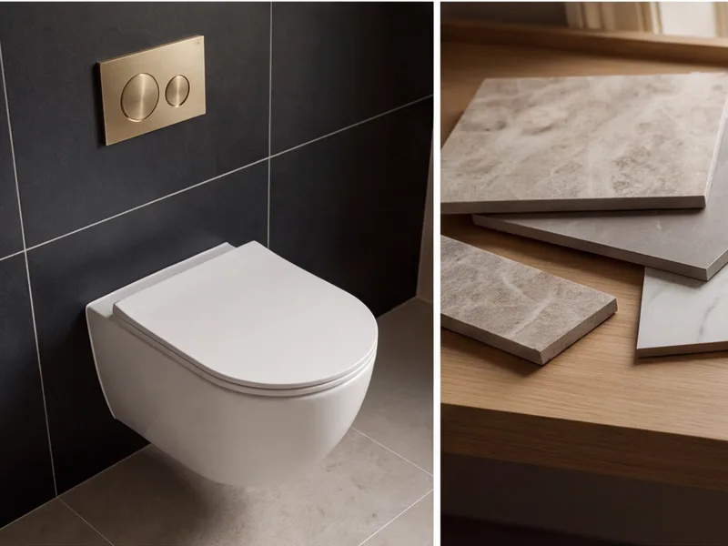 Wall-hung toilet with concealed cistern and brushed brass flush plate