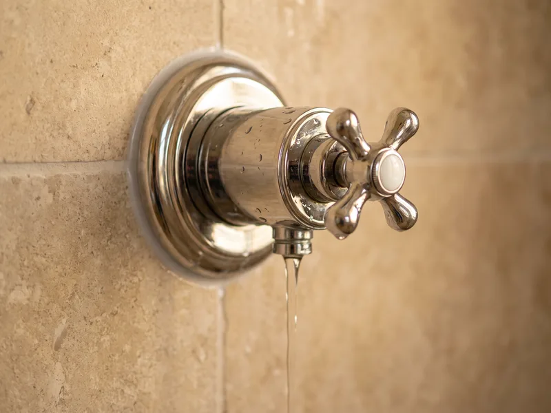 Close-up of a traditional-style chrome shower valve on a honed stone tiled wall in a Warfield bathroom