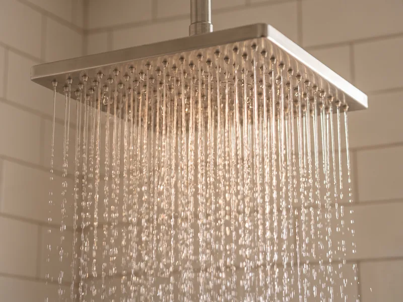 Close macro view of water emerging as a dense field of fine jets from a large rainfall shower head