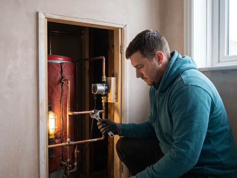 Plumber connecting copper pipework to a shower pump unit mounted near a hot water cylinder