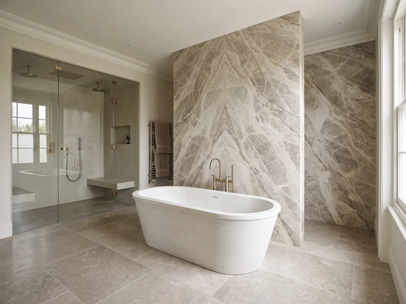 Spacious principal-suite bathroom on Wentworth Estate with a freestanding bath and a book-matched natural stone feature wall