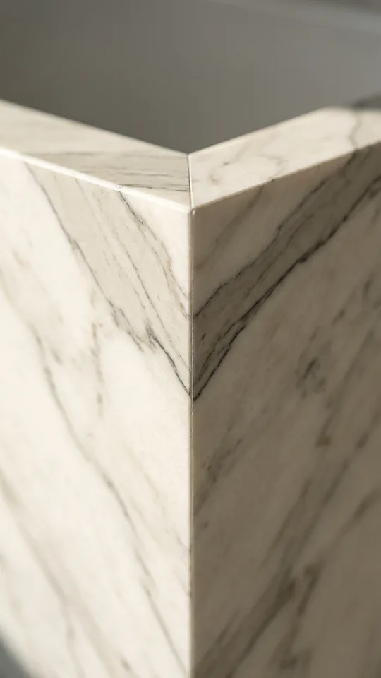 Macro detail of a book-matched natural stone mitred corner joint in a Wentworth Estate bathroom