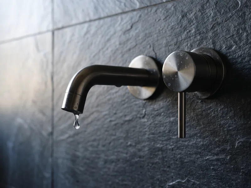 Close detail of a brushed black-nickel wall-mounted basin mixer tap against a black stone wall