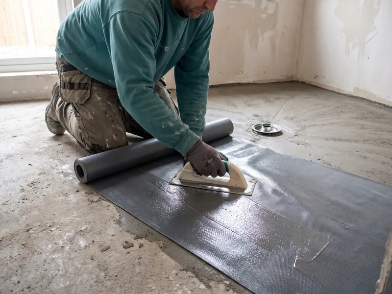Installer rolling waterproof tanking membrane onto a sloped wet room floor before tiling, drain body already set