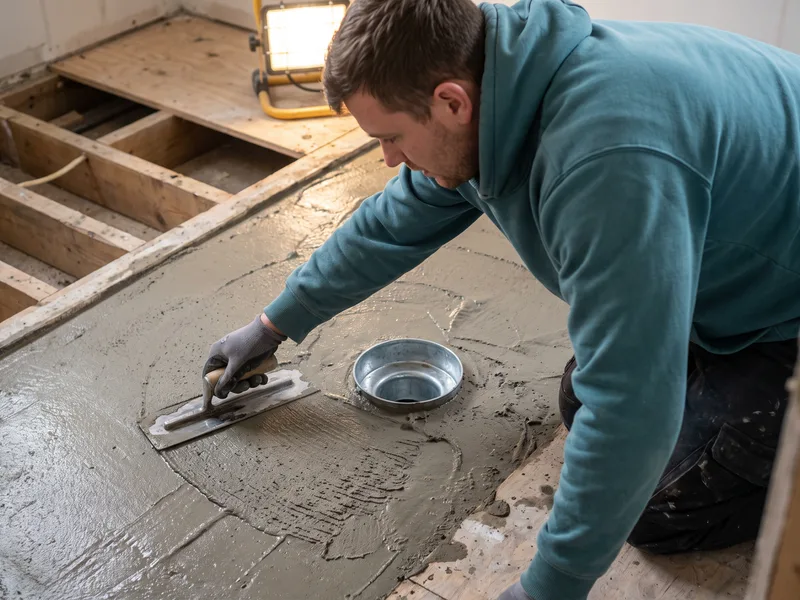 Installer screeding a sloped floor bed toward a level-access drain to form the fall needed in a wet room floor