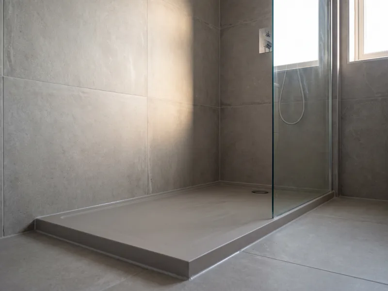 Finished low-profile walk-in shower enclosure with a slim upstand and glass screen, the alternative to a full wet room