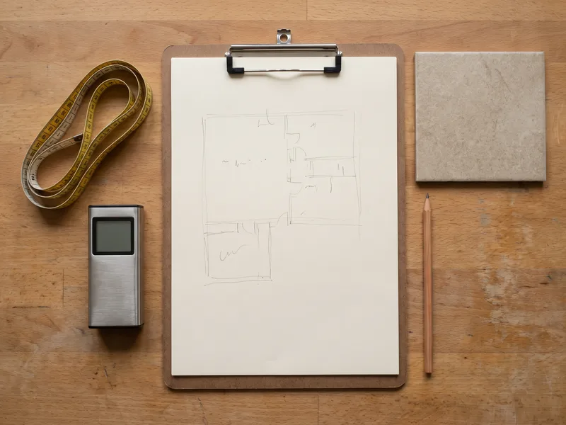 Laser measure, tape measure and a blank sketch pad laid out ready for a bathroom survey
