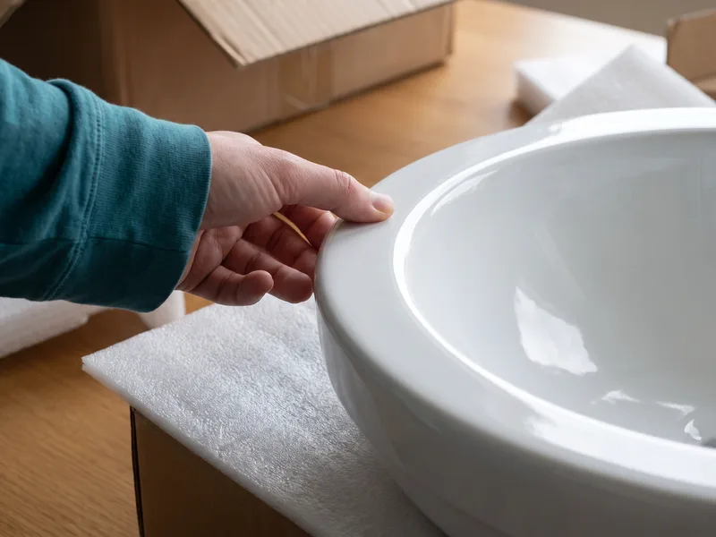 Hand running along the rim of a freshly delivered basin, checking for hairline cracks before installation