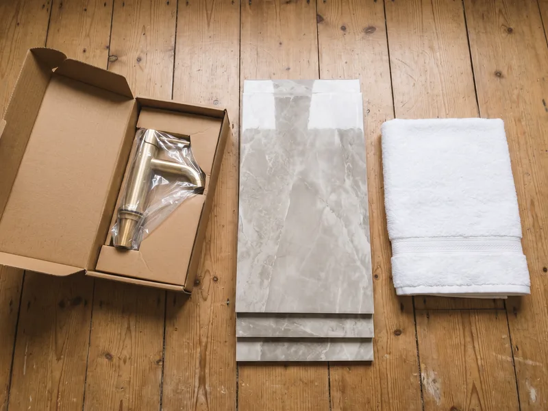 Boxed brassware tap, porcelain tile samples and a folded towel freshly delivered before installation