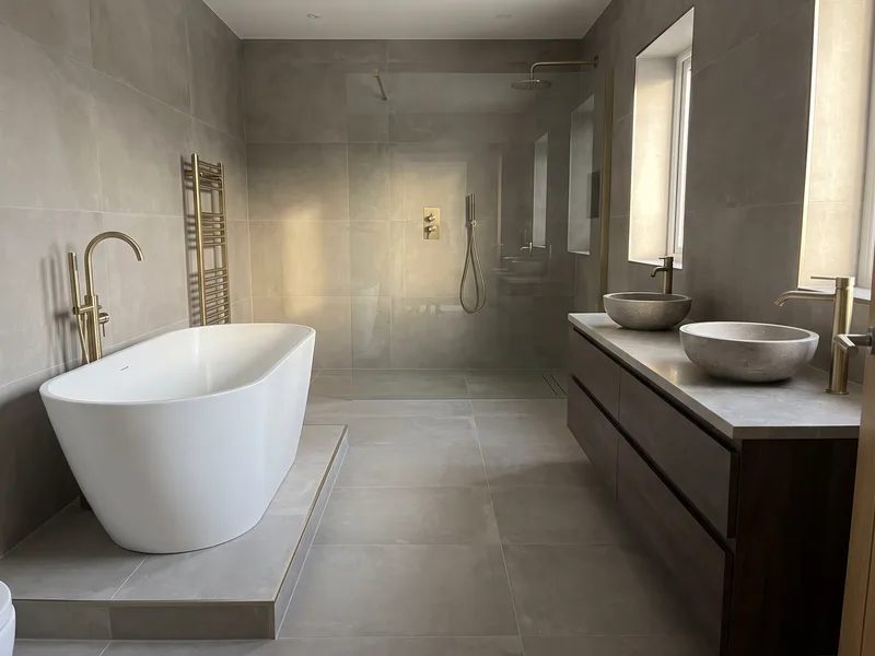 Completed executive en-suite in a Windlesham home with a freestanding bath, double vanity with twin stone countertop basins, and a glazed steam shower