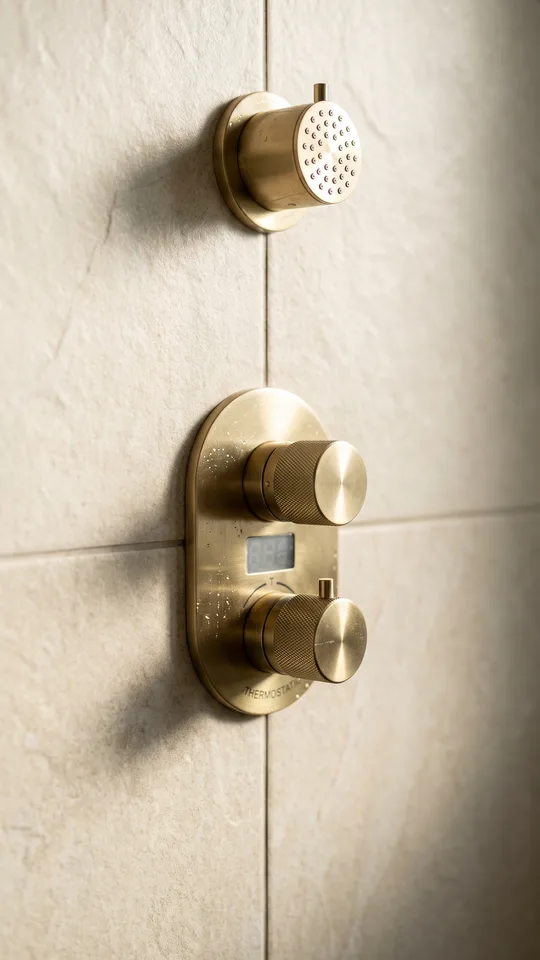 Macro detail of a brushed-brass thermostatic shower valve and separate shower head fitted during a Windlesham bathroom installation