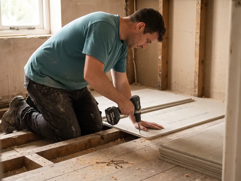 Installer screwing down a rigid tile backer board over a suspended timber floor in a Winkfield Row cottage