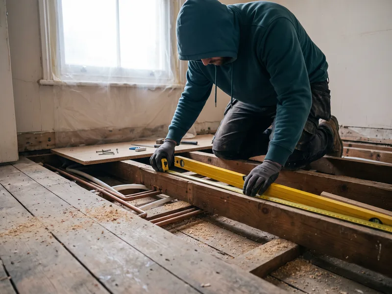 Installer checking a suspended timber floor with a spirit level for deflection before tanking in a stripped-out Wokingham bathroom